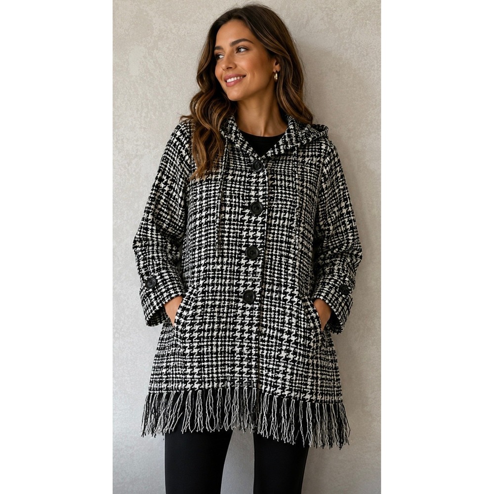 For Cynthia Houndstooth Hooded Fringe Jacket Women's Size Small - Picture 3 of 13